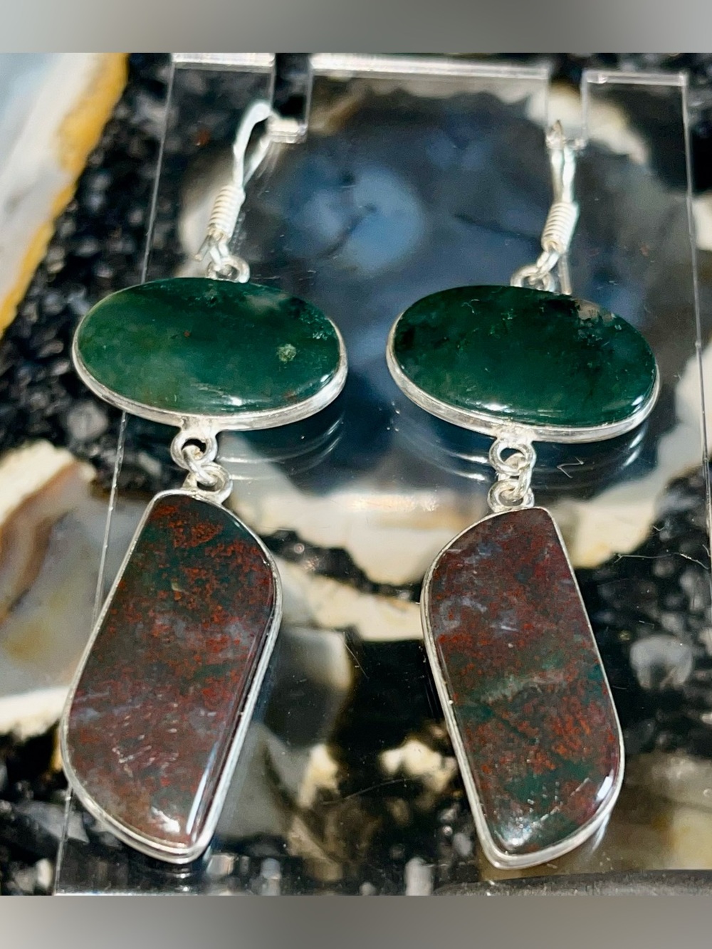 Mocha Stone Green Moss Agate & Dragon Bloodstone Jasper Earrings 2 1/2”